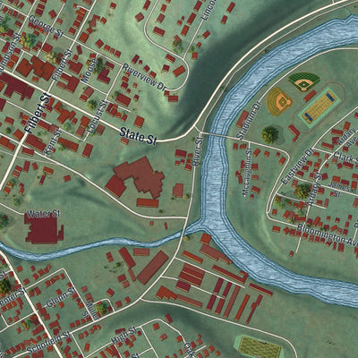 Close-up of the map of Curwensville, Pennsylvania print showing street and building detail