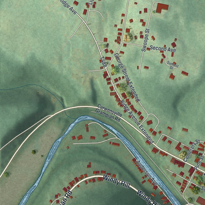 Second close-up of the map of Curwensville, Pennsylvania print showing more streets and buildings