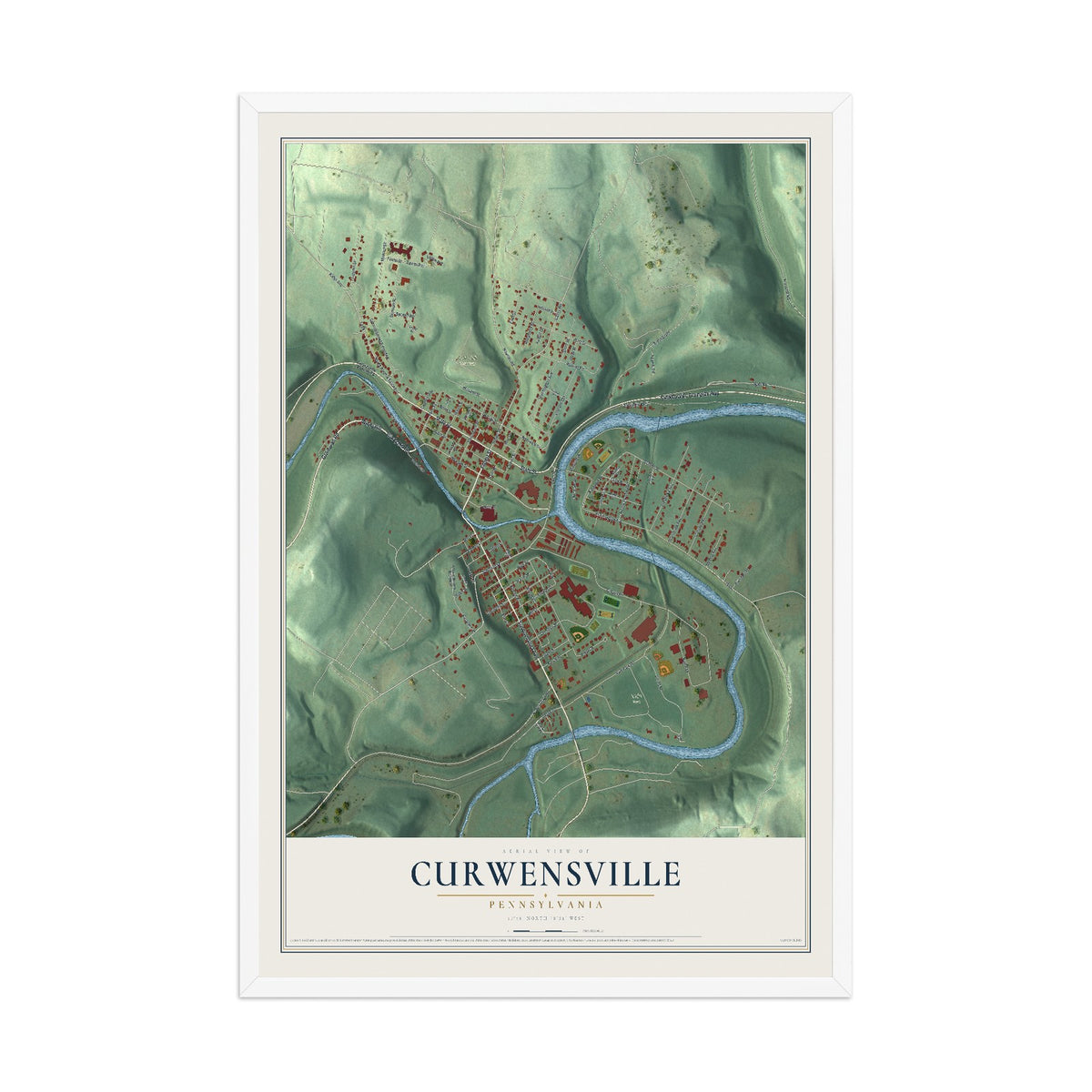 Map of Curwensville, Pennsylvania, 12 x 18 inch print in a white wood frame