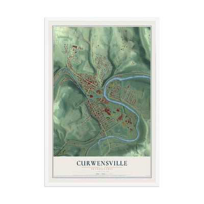 Map of Curwensville, Pennsylvania, 12 x 18 inch print in a white wood frame