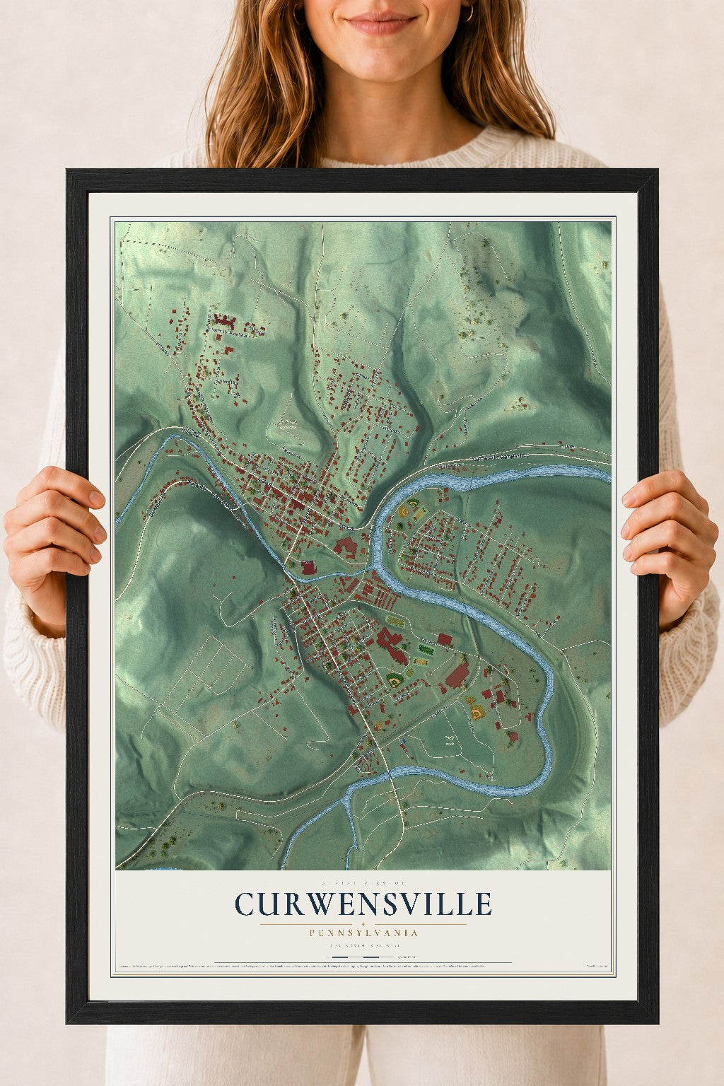 Map of Curwensville, Pennsylvania, 18 x 24 inch print in a black wood frame