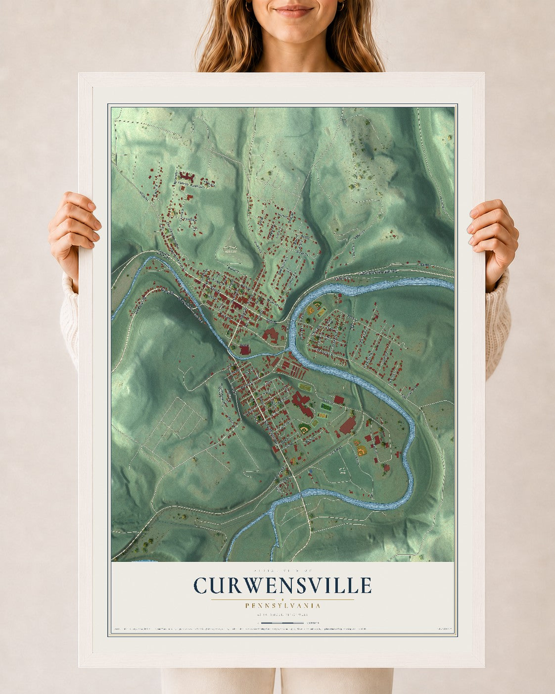 Map of Curwensville, Pennsylvania, 24 x 36 inch print in a white wood frame