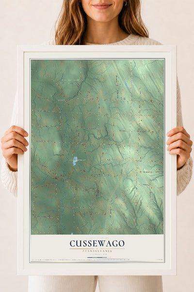 Map of Cussewago, Pennsylvania, 18 x 24 inch print in a white wood frame