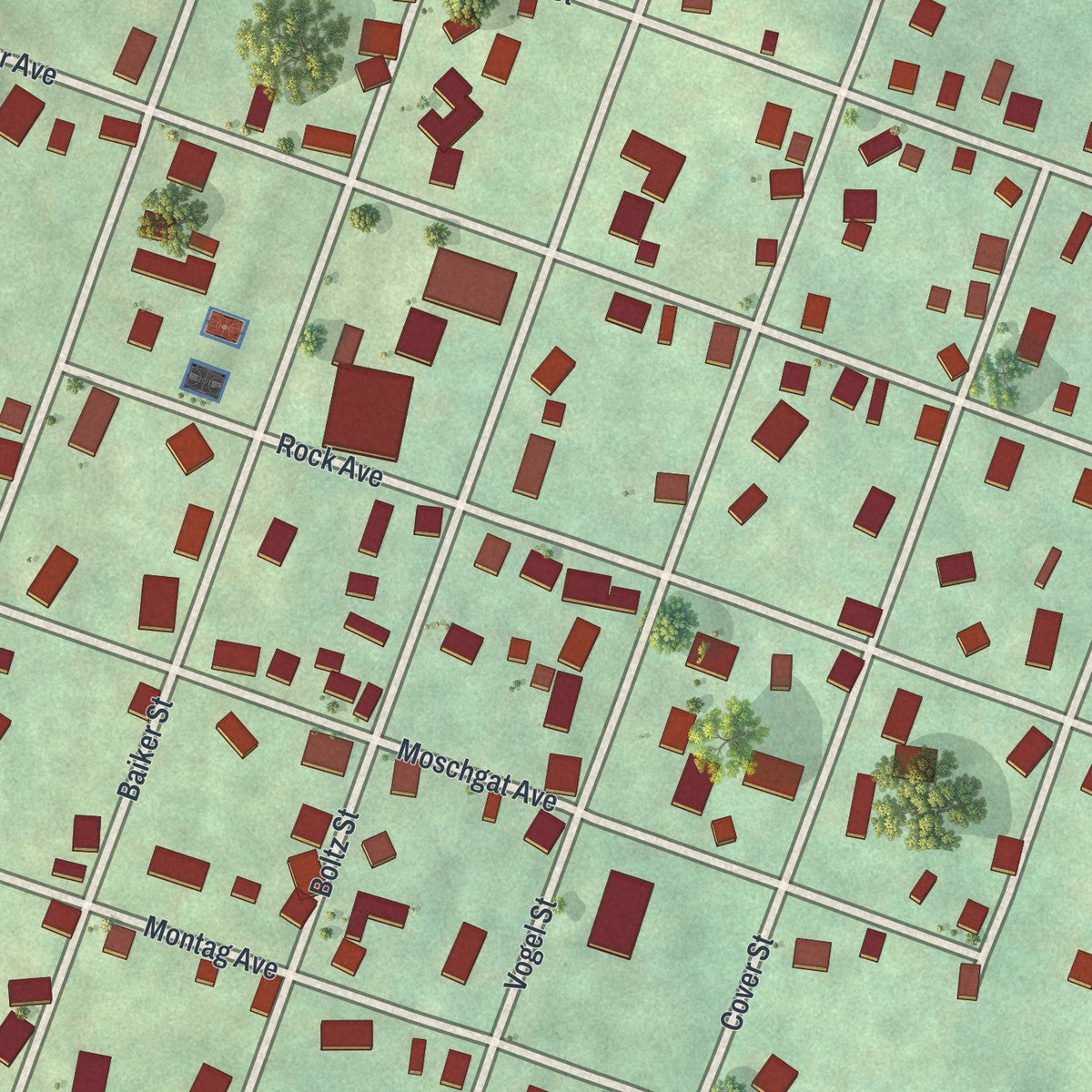 Close-up of the map of Daisytown, Pennsylvania print showing street and building detail