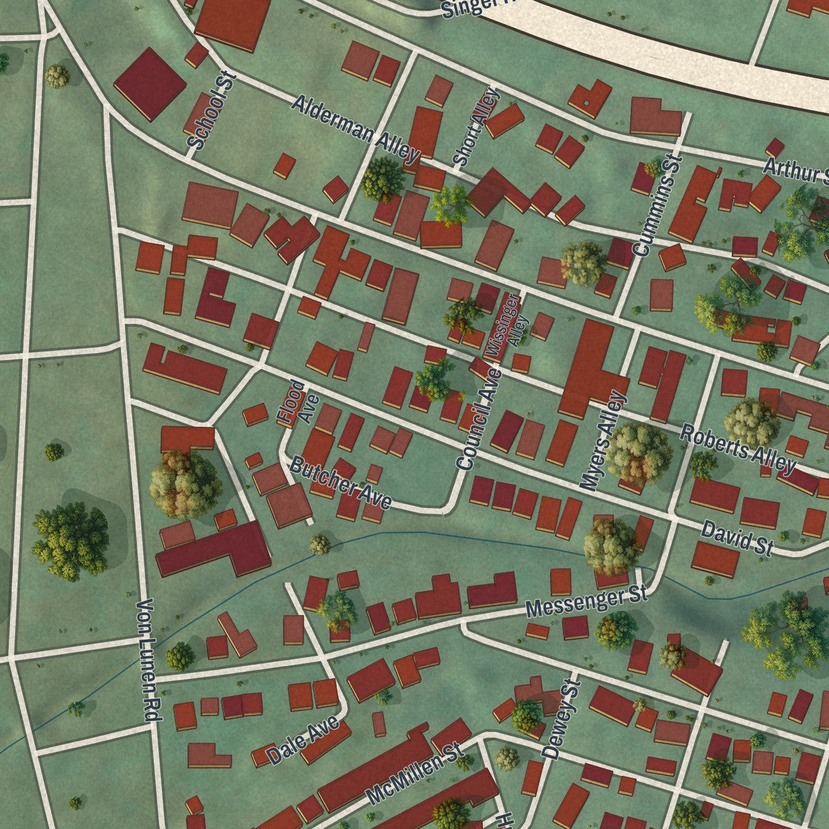 Close-up of the map of Dale, Pennsylvania print showing street and building detail