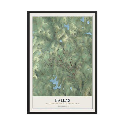 Map of Dallas, Luzerne County, Pennsylvania, 12 x 18 inch print in a black wood frame