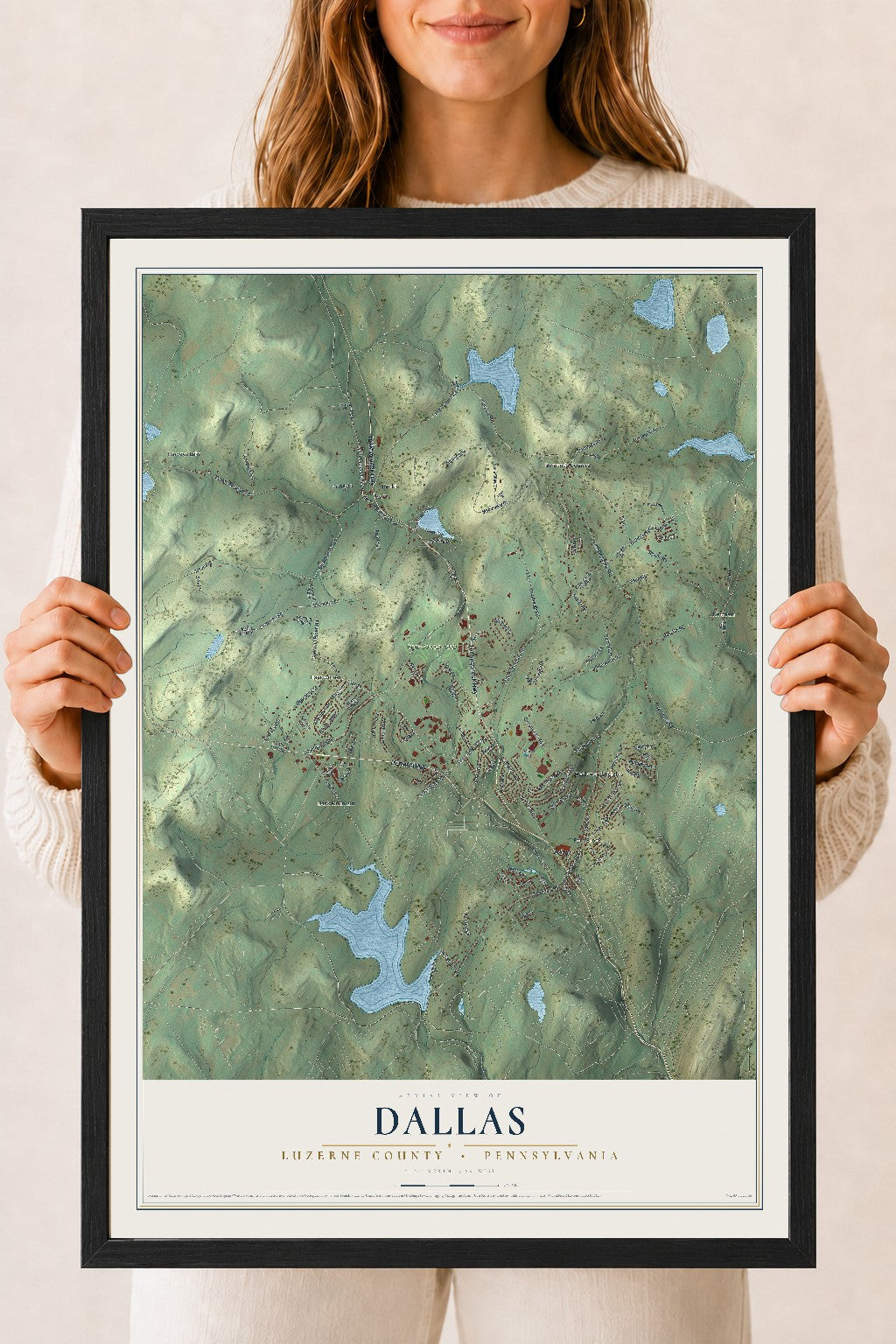 Map of Dallas, Luzerne County, Pennsylvania, 18 x 24 inch print in a black wood frame