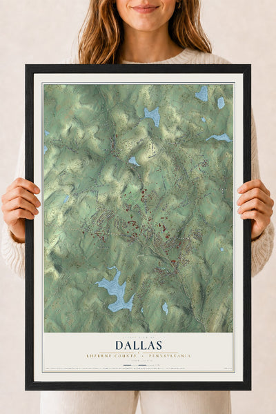Map of Dallas, Luzerne County, Pennsylvania, 18 x 24 inch print in a black wood frame