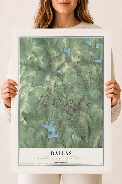 Map of Dallas, Luzerne County, Pennsylvania, 18 x 24 inch print in a white wood frame