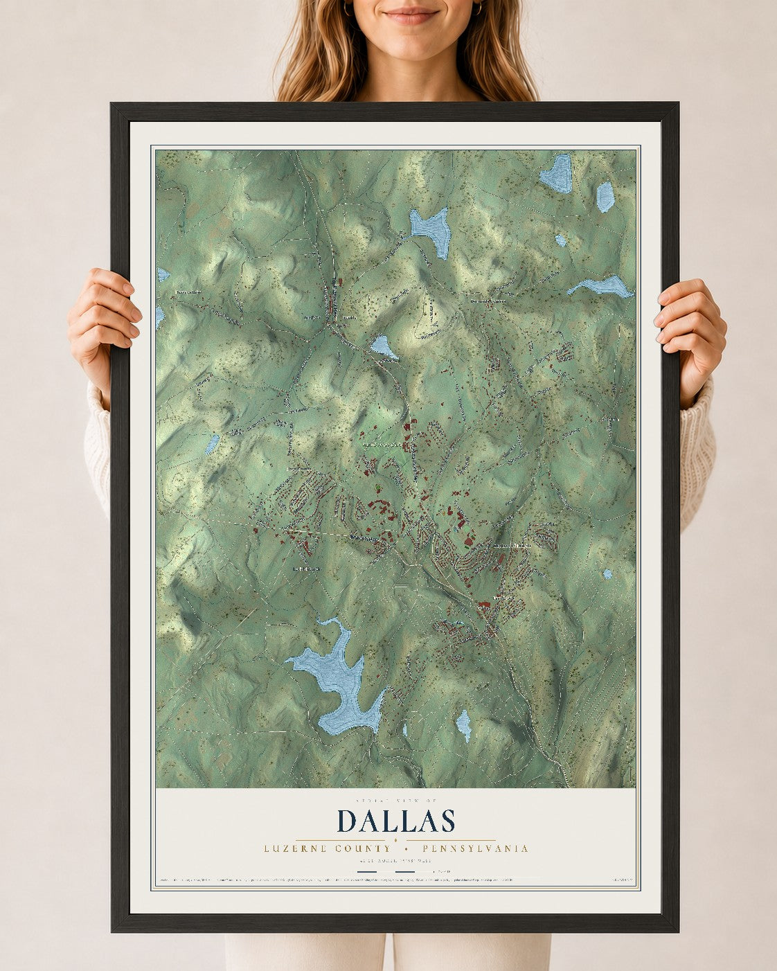 Map of Dallas, Luzerne County, Pennsylvania, 24 x 36 inch print in a black wood frame