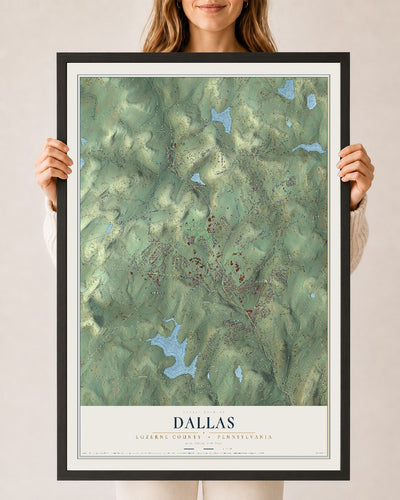 Map of Dallas, Luzerne County, Pennsylvania, 24 x 36 inch print in a black wood frame