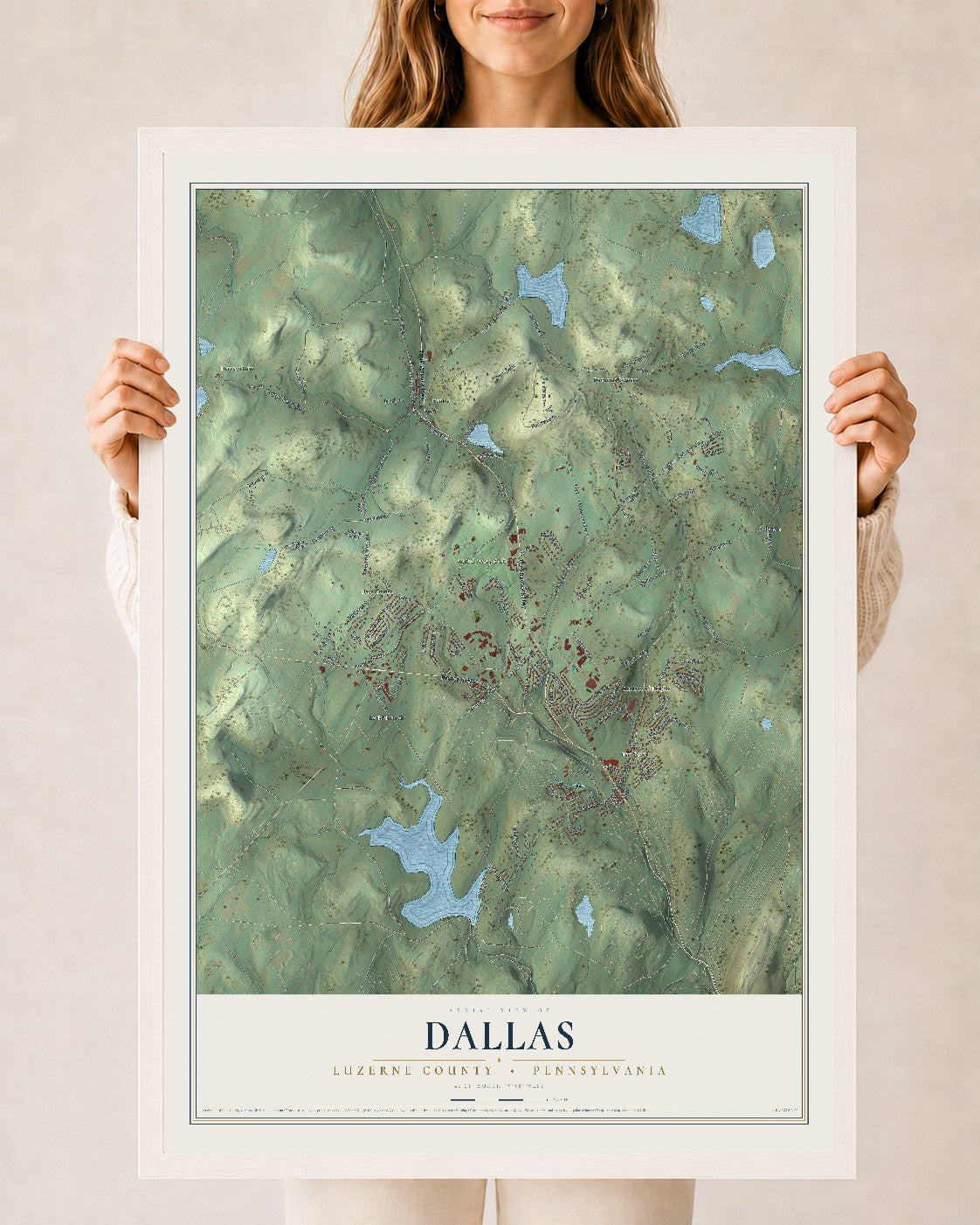 Map of Dallas, Luzerne County, Pennsylvania, 24 x 36 inch print in a white wood frame