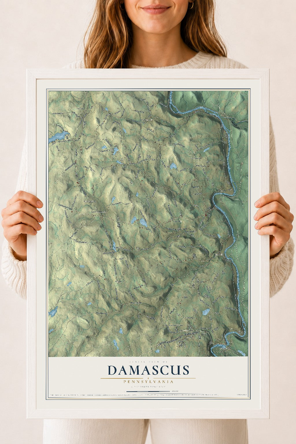 Map of Damascus, Pennsylvania, 18 x 24 inch print in a white wood frame