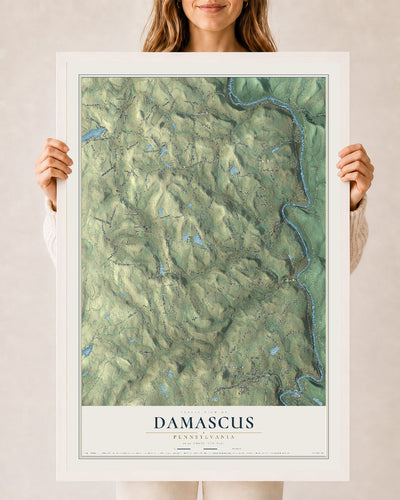 Map of Damascus, Pennsylvania, 24 x 36 inch print in a white wood frame