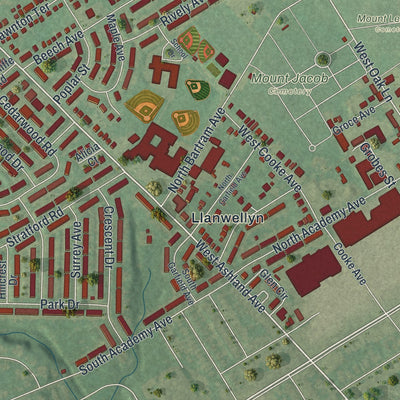 Second close-up of the map of Darby, Delaware County, Pennsylvania print showing more streets and buildings