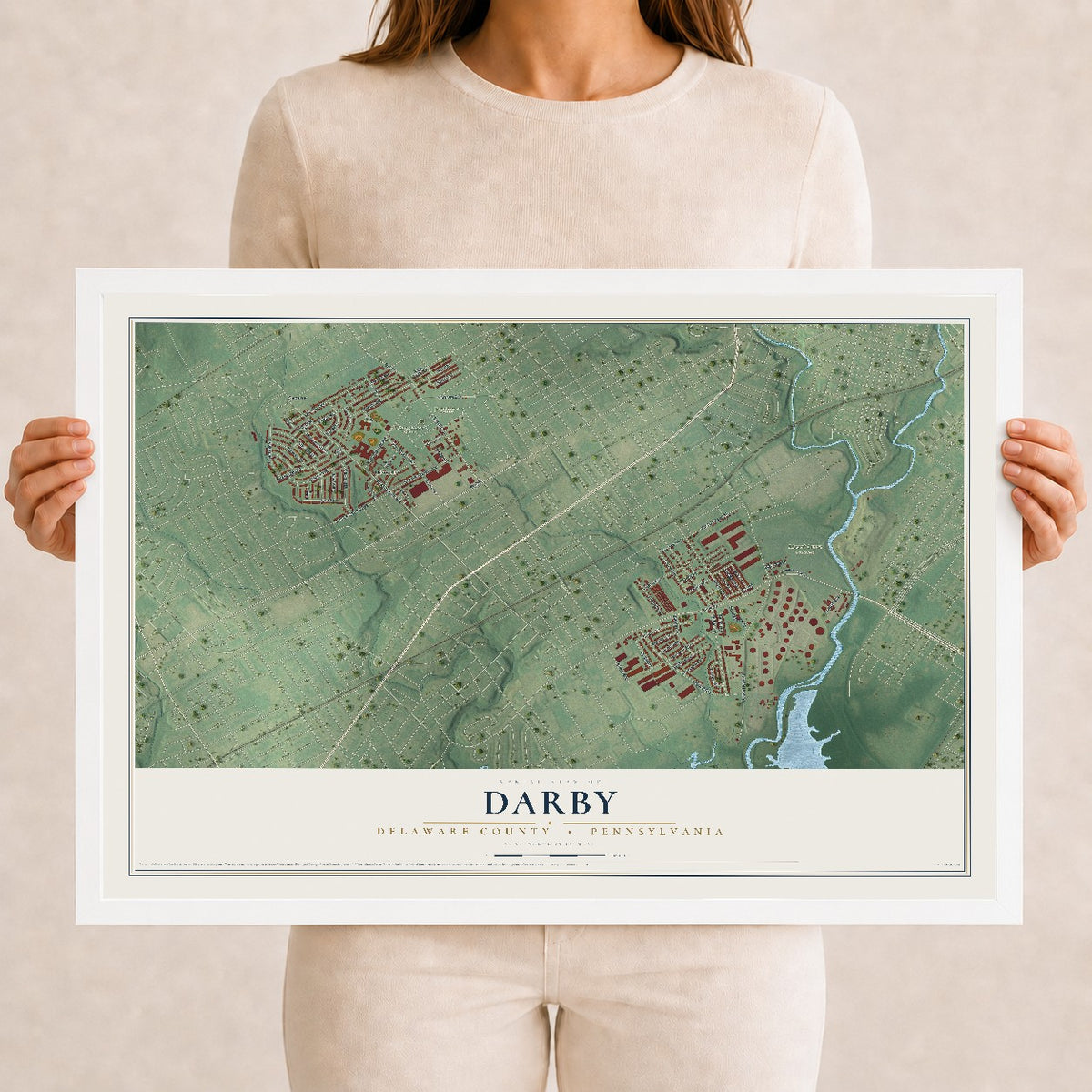 Map of Darby, Delaware County, Pennsylvania, 12 x 18 inch print in a white wood frame