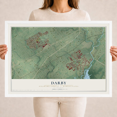 Map of Darby, Delaware County, Pennsylvania, 18 x 24 inch print in a white wood frame