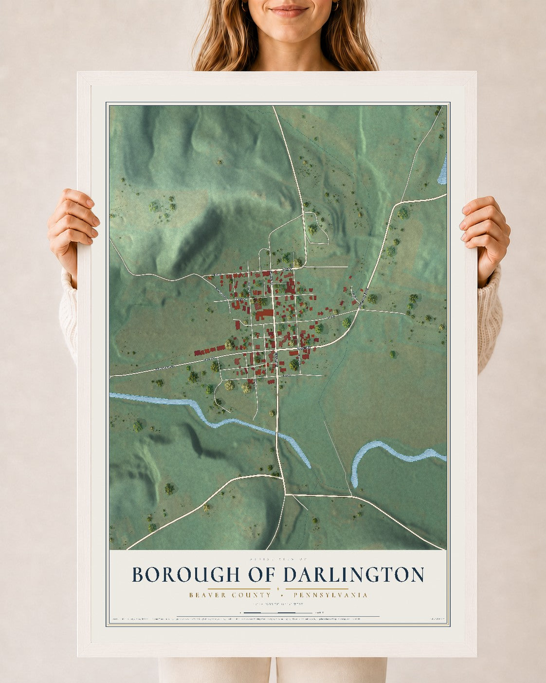 Map of the Borough of Darlington, Beaver County, Pennsylvania, 24 x 36 inch print in a white wood frame