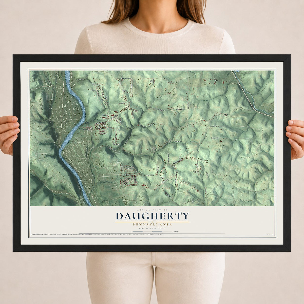Map of Daugherty, Pennsylvania, 18 x 24 inch print in a black wood frame