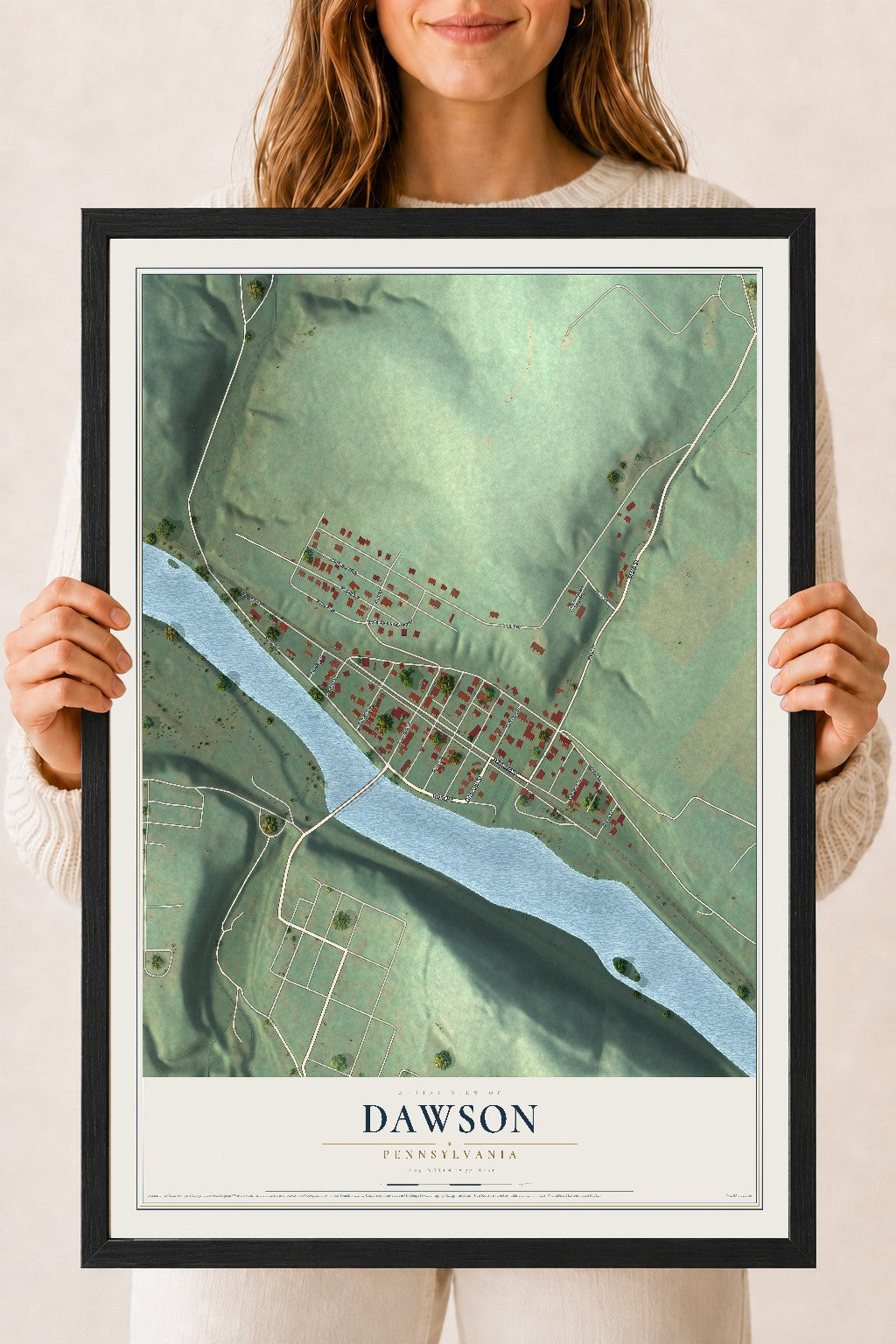 Map of Dawson, Pennsylvania, 18 x 24 inch print in a black wood frame