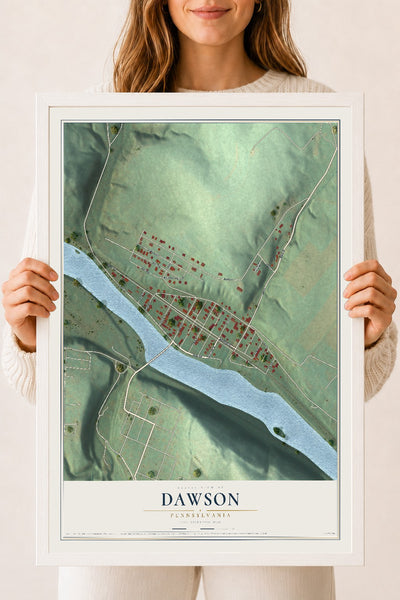 Map of Dawson, Pennsylvania, 18 x 24 inch print in a white wood frame