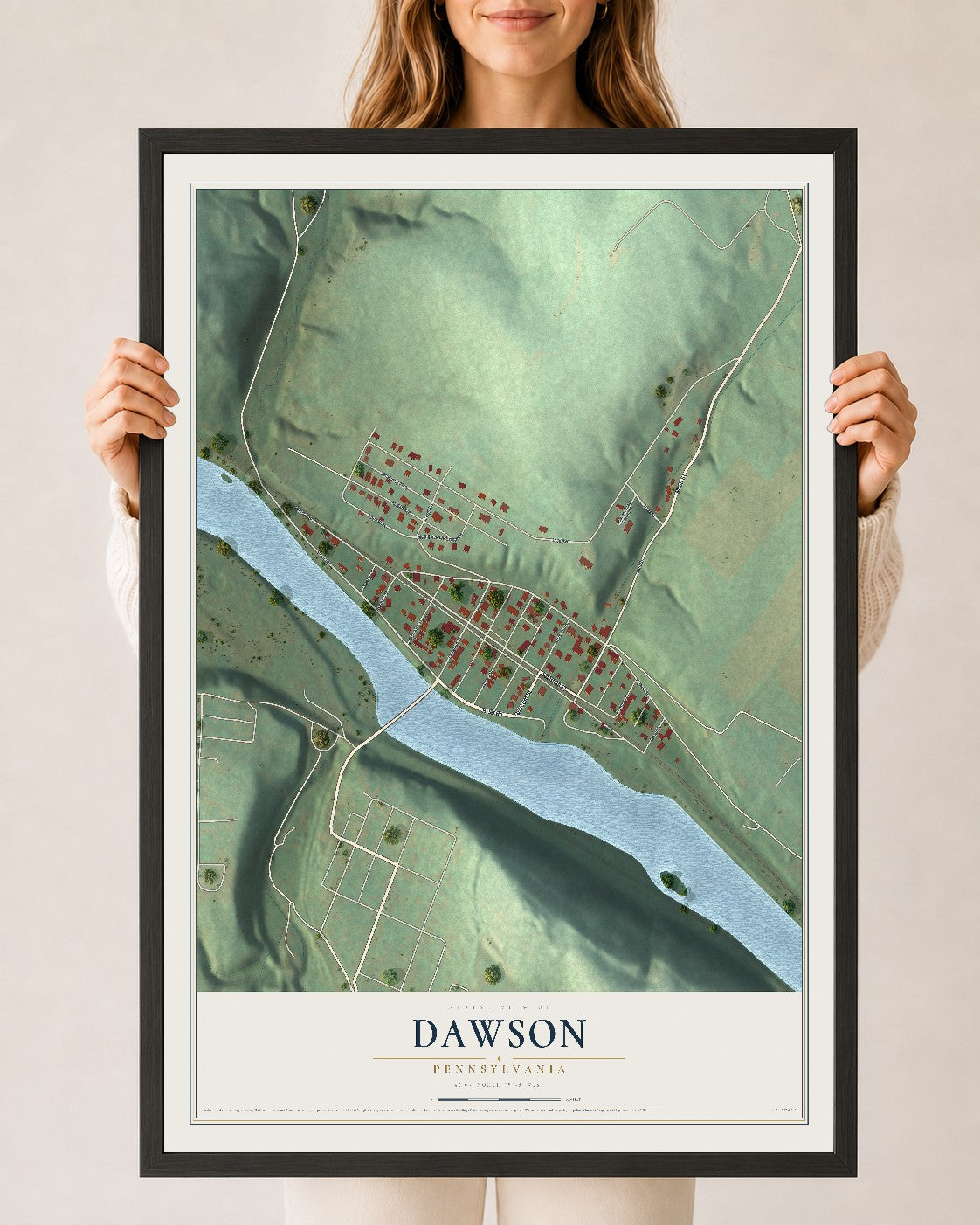 Map of Dawson, Pennsylvania, 24 x 36 inch print in a black wood frame