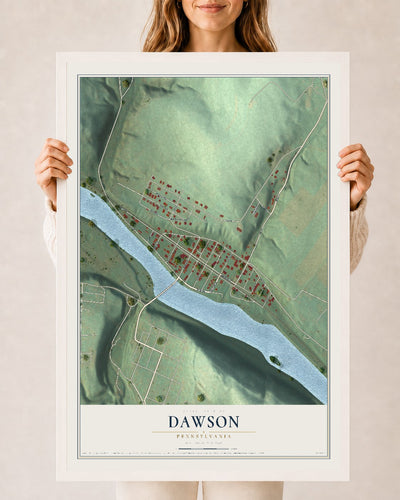 Map of Dawson, Pennsylvania, 24 x 36 inch print in a white wood frame