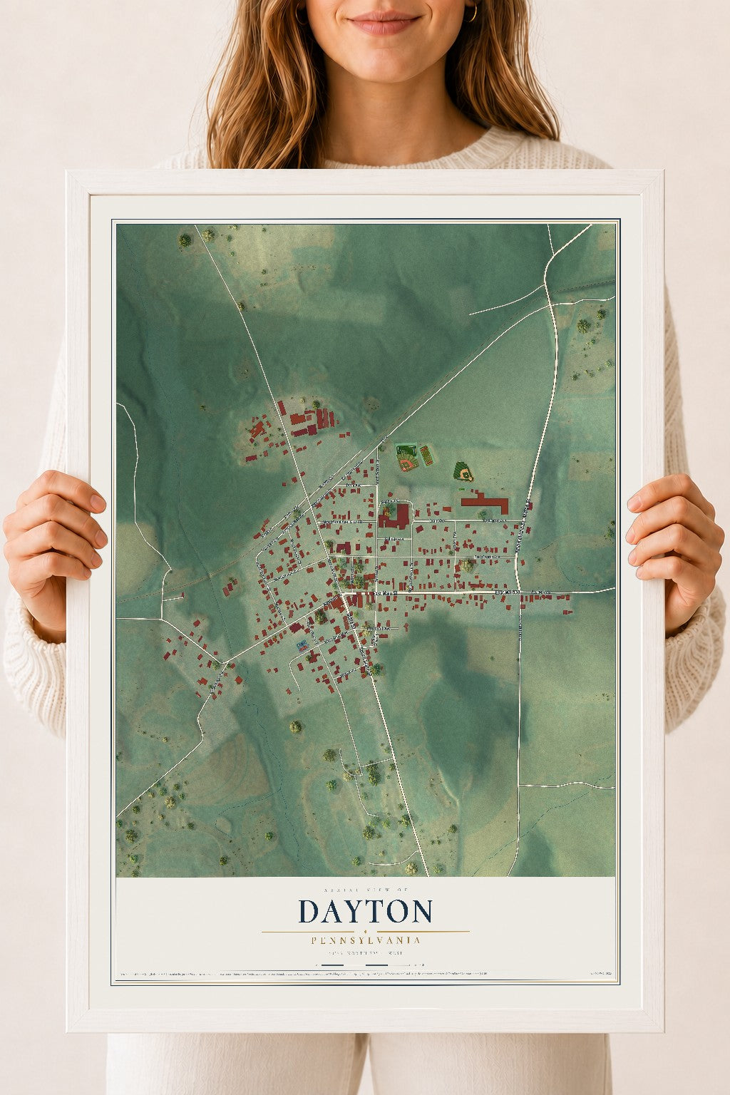 Map of Dayton, Pennsylvania, 18 x 24 inch print in a white wood frame