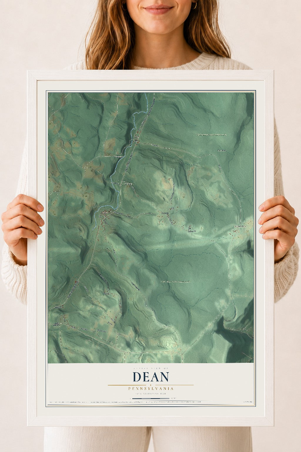 Map of Dean, Pennsylvania, 18 x 24 inch print in a white wood frame