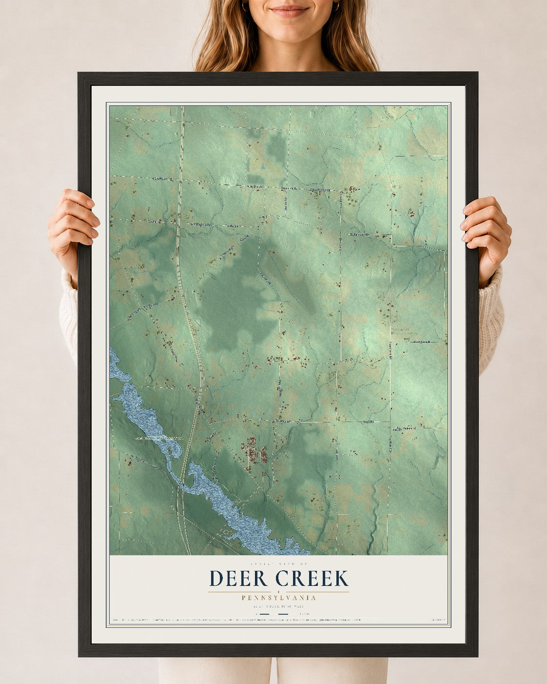 Map of Deer Creek, Pennsylvania, 24 x 36 inch print in a black wood frame