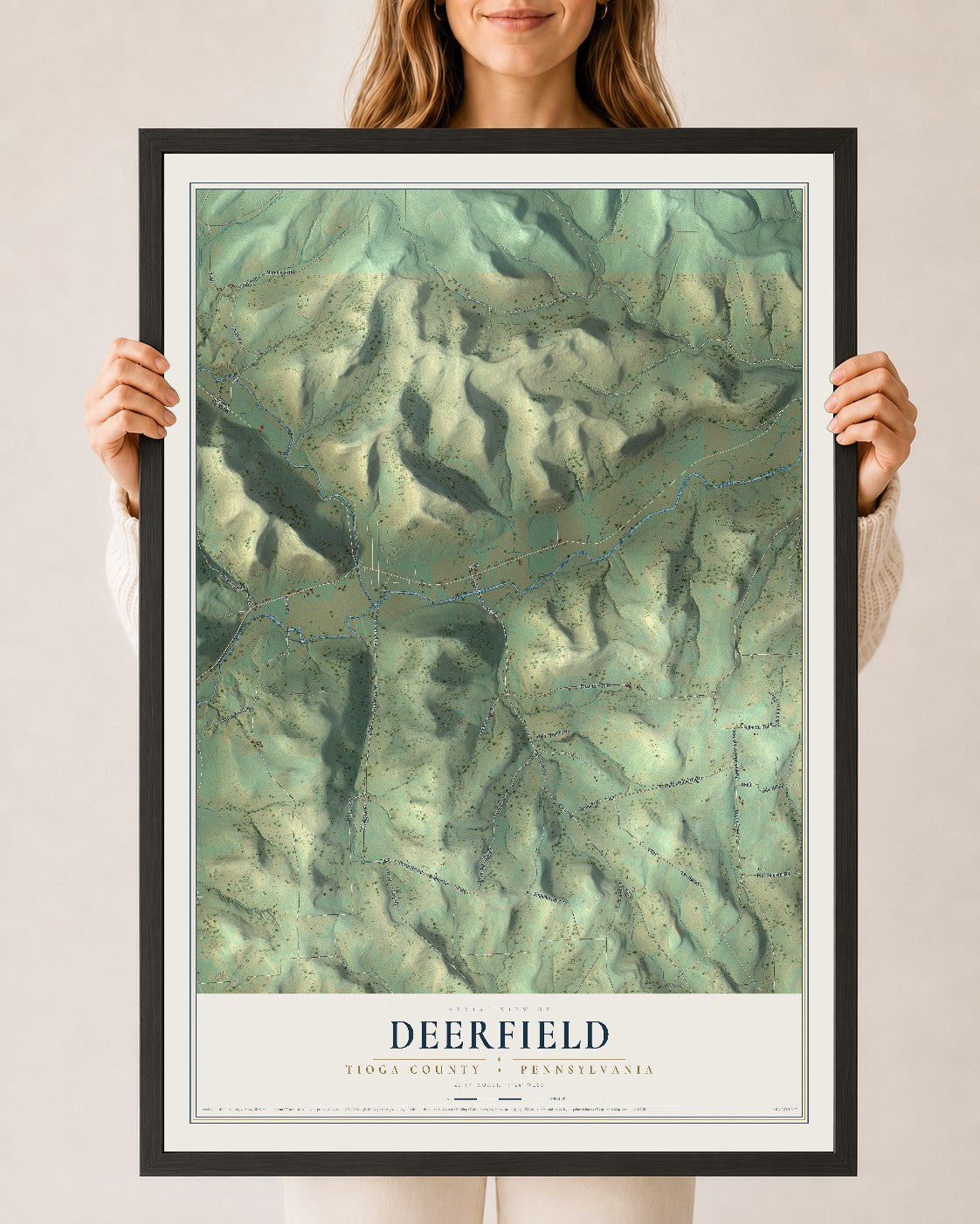 Map of Deerfield, Tioga County, Pennsylvania, 24 x 36 inch print in a black wood frame
