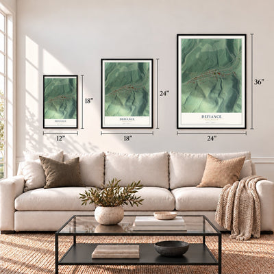 Defiance, Pennsylvania map in 12 x 18, 18 x 24 and 24 x 36 inch sizes above a sofa