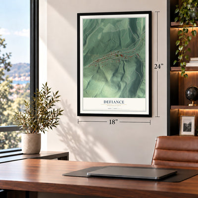 Defiance, Pennsylvania map, 18 x 24 inch print in a black frame in a home office