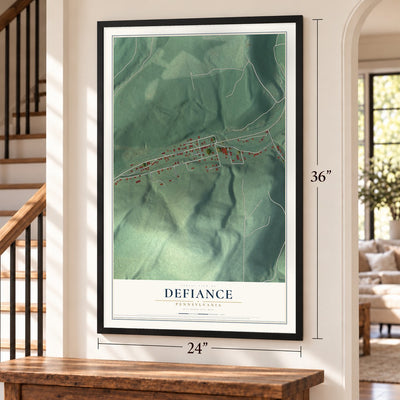 Defiance, Pennsylvania map, 24 x 36 inch print in a black frame by a staircase