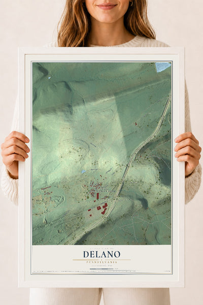 Map of Delano, Pennsylvania, 18 x 24 inch print in a white wood frame