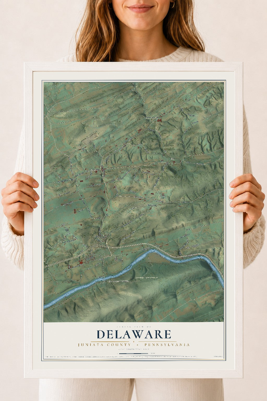Map of Delaware, Juniata County, Pennsylvania, 18 x 24 inch print in a white wood frame