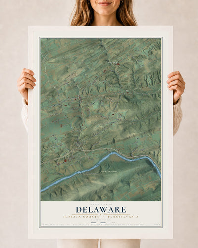 Map of Delaware, Juniata County, Pennsylvania, 24 x 36 inch print in a white wood frame