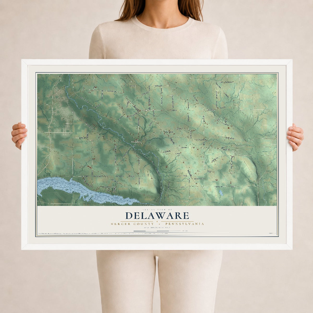 Map of Delaware, Mercer County, Pennsylvania, 24 x 36 inch print in a white wood frame