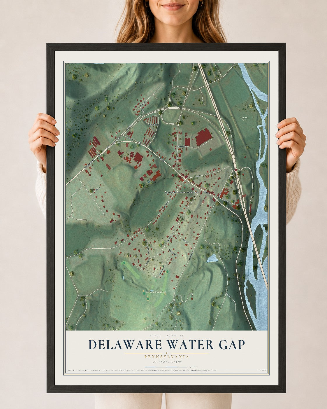 Map of Delaware Water Gap, Pennsylvania, 24 x 36 inch print in a black wood frame
