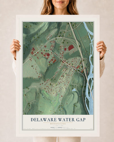 Map of Delaware Water Gap, Pennsylvania, 24 x 36 inch print in a white wood frame