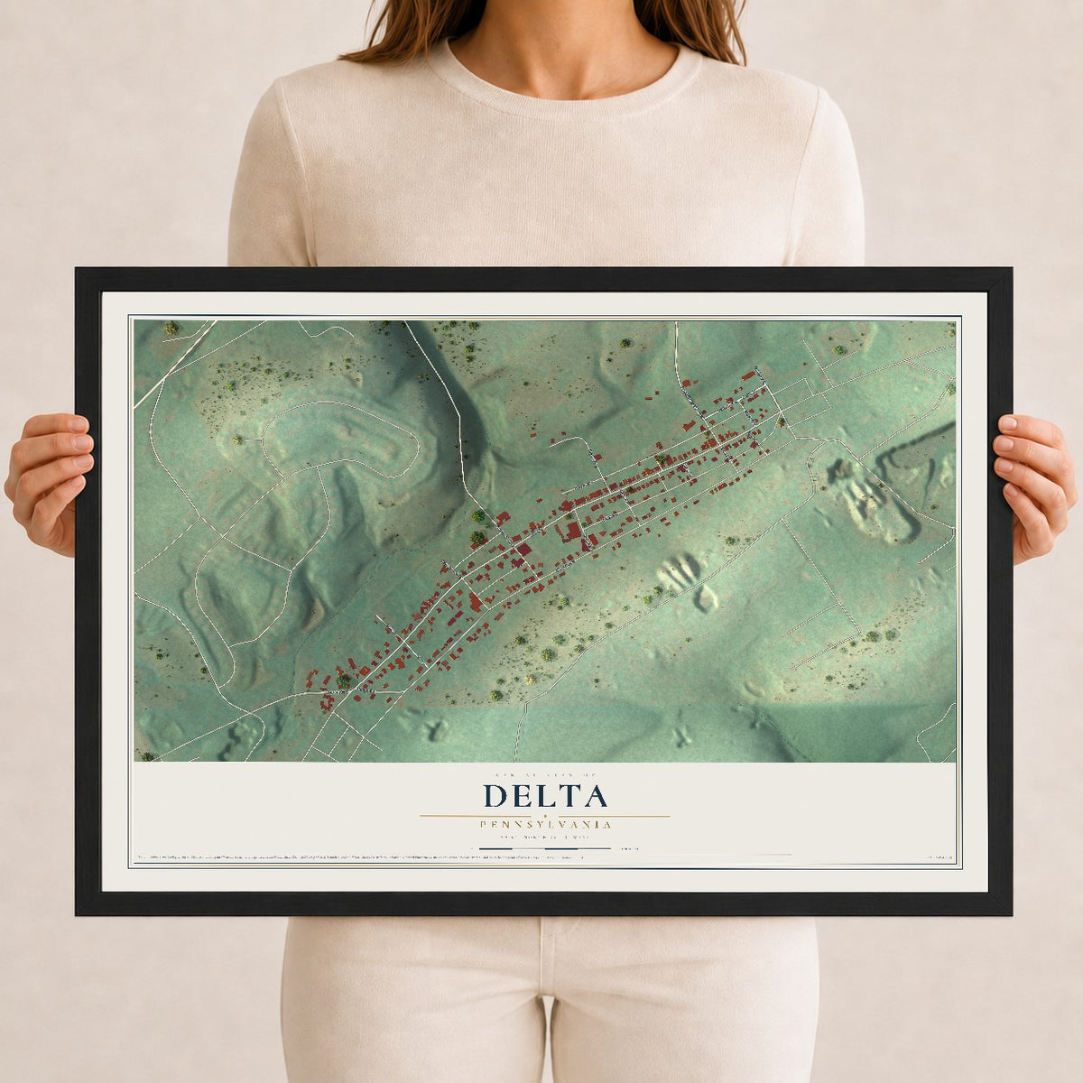 Map of Delta, Pennsylvania, 12 x 18 inch print in a black wood frame