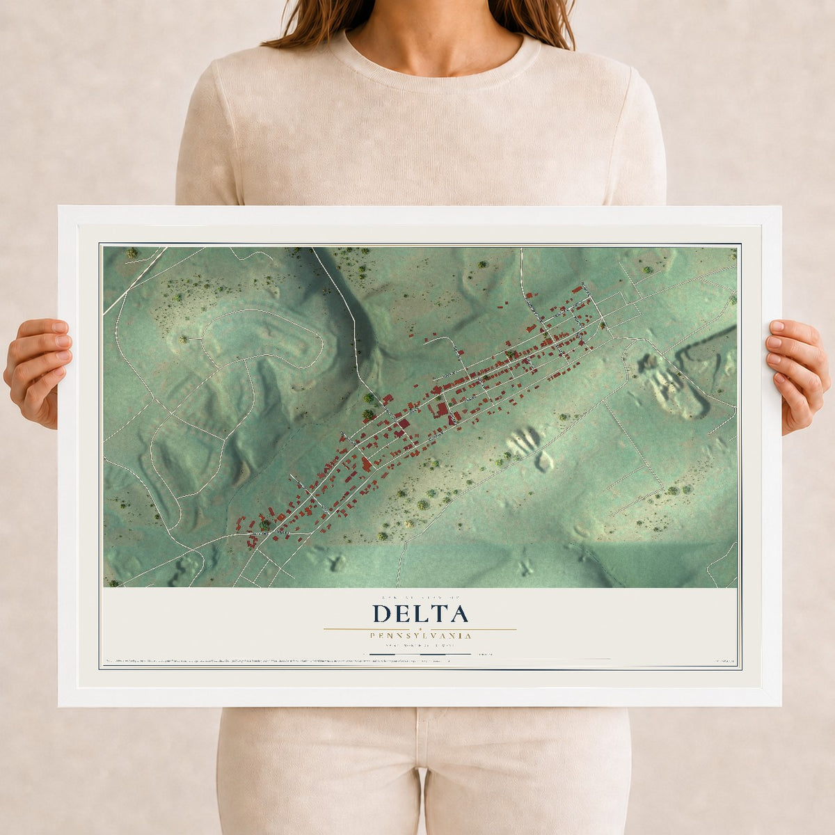 Map of Delta, Pennsylvania, 12 x 18 inch print in a white wood frame