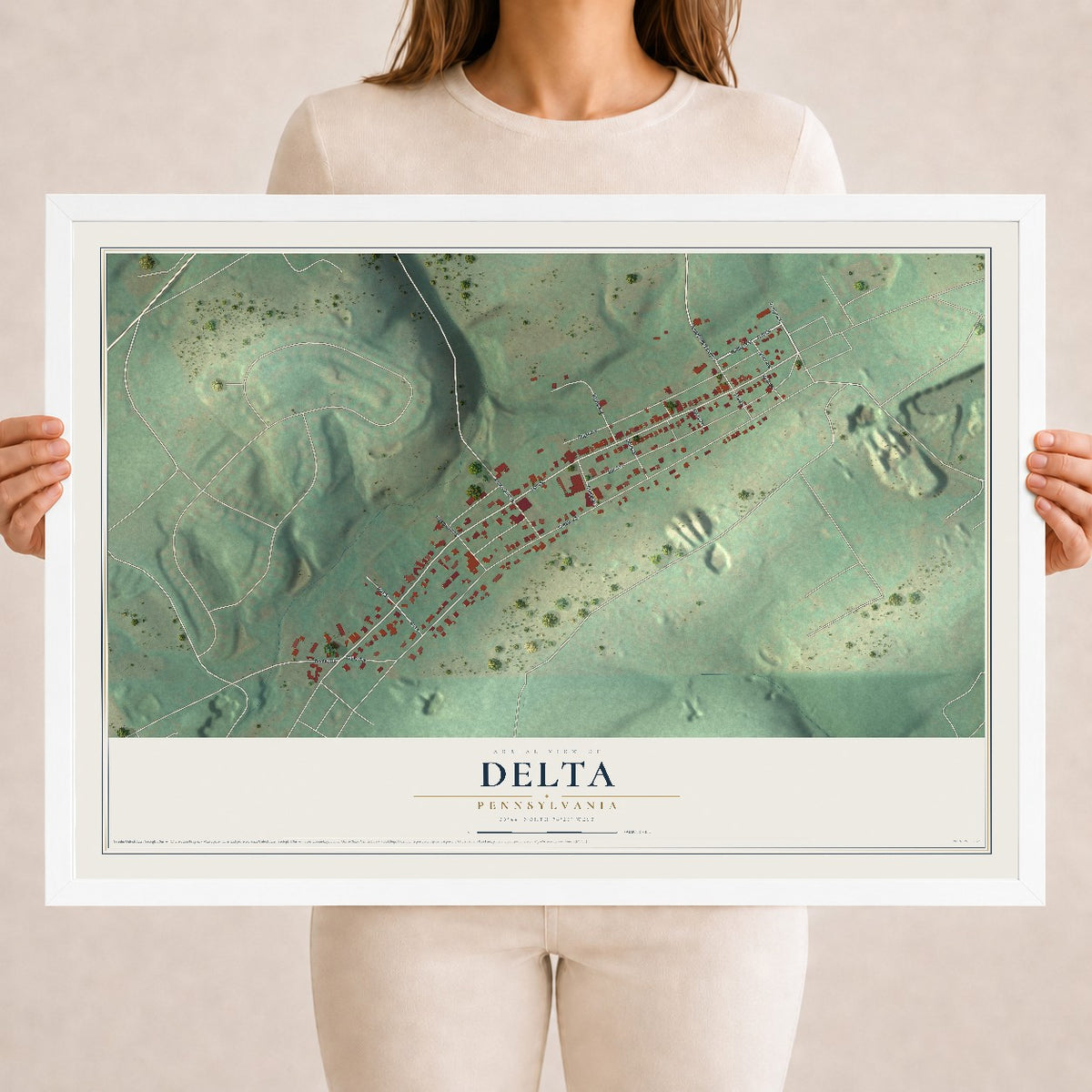 Map of Delta, Pennsylvania, 18 x 24 inch print in a white wood frame