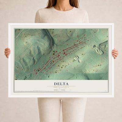 Map of Delta, Pennsylvania, 24 x 36 inch print in a white wood frame