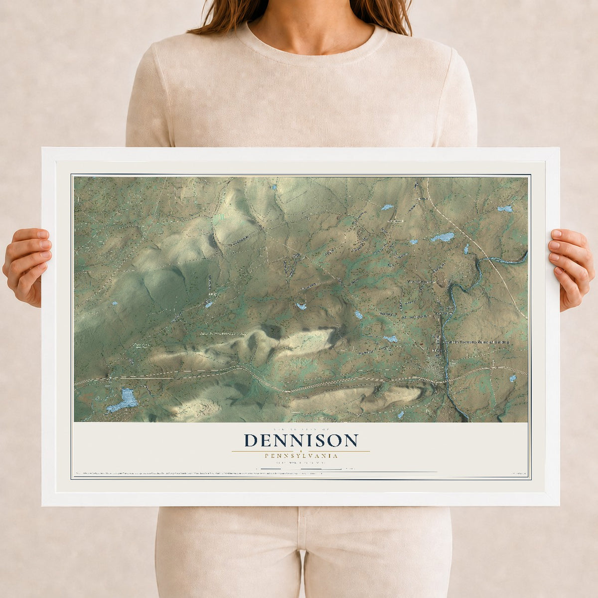 Map of Dennison, Pennsylvania, 12 x 18 inch print in a white wood frame