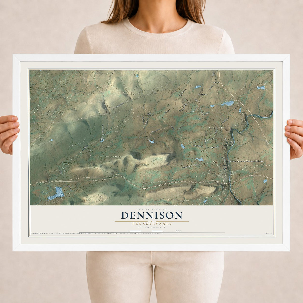 Map of Dennison, Pennsylvania, 18 x 24 inch print in a white wood frame