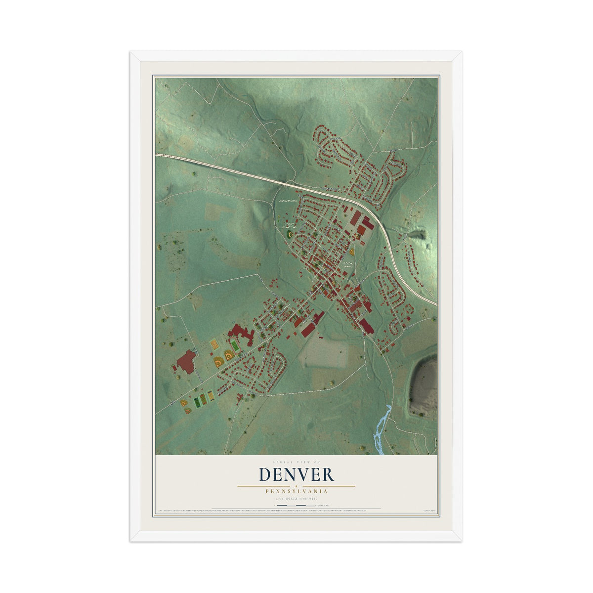 Map of Denver, Pennsylvania, 12 x 18 inch print in a white wood frame
