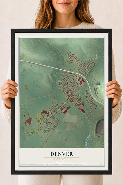 Map of Denver, Pennsylvania, 18 x 24 inch print in a black wood frame