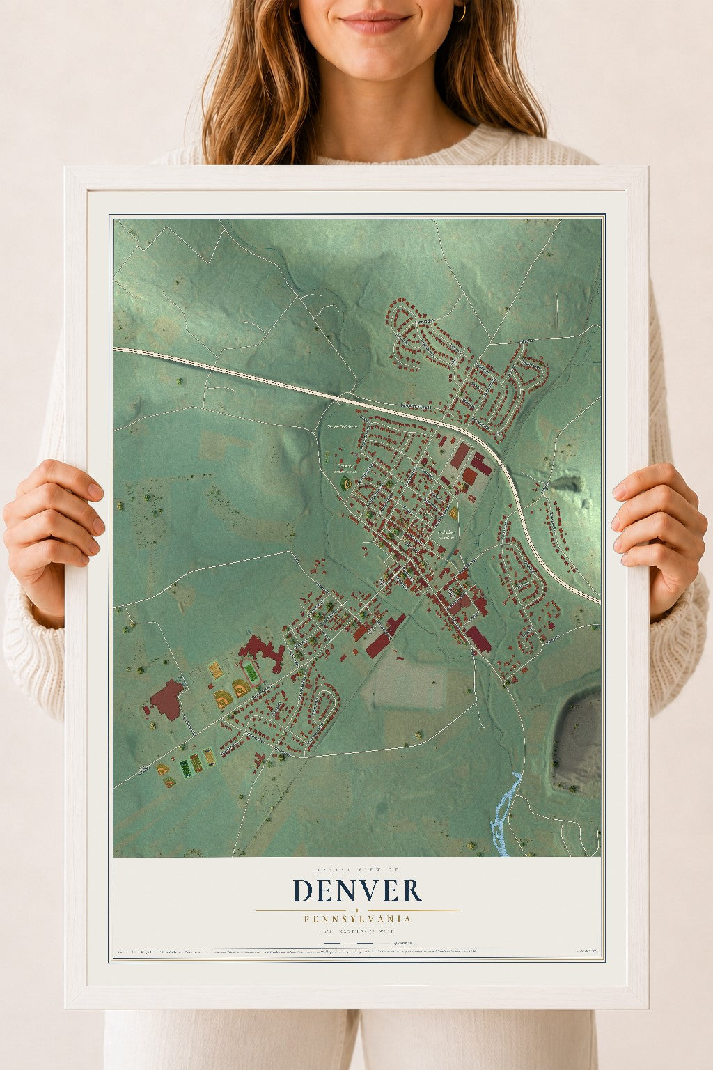 Map of Denver, Pennsylvania, 18 x 24 inch print in a white wood frame