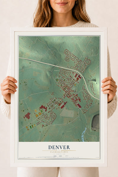 Map of Denver, Pennsylvania, 18 x 24 inch print in a white wood frame